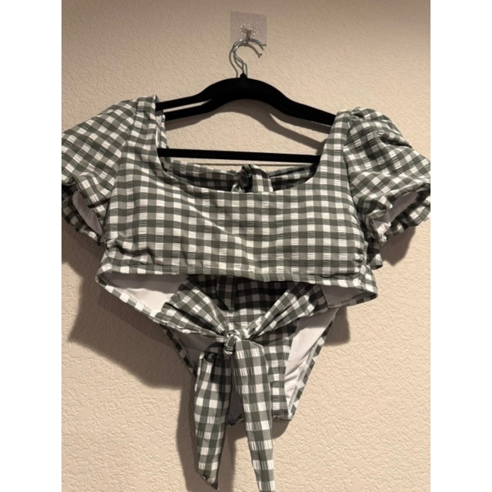 Gianni Bini Green Gingham Ruffle Underwire Bikini 3pc Set High Waist Sz S